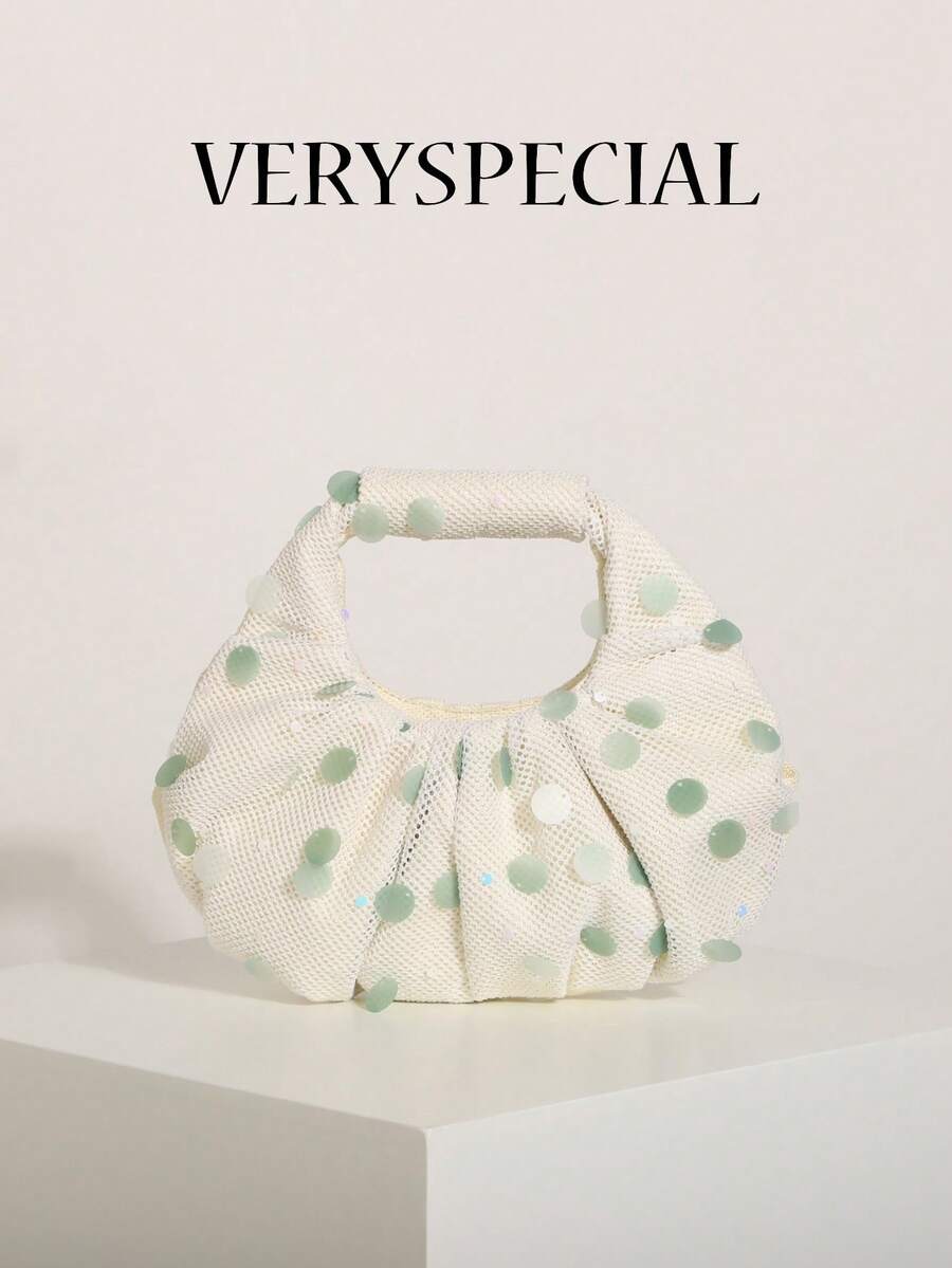 1pc Mint Green Sequin Cloud Bag With Linen Base Fabric, Fashionable Mesh Pleated Design Women's Handbag, Suitable For Beach Vacation