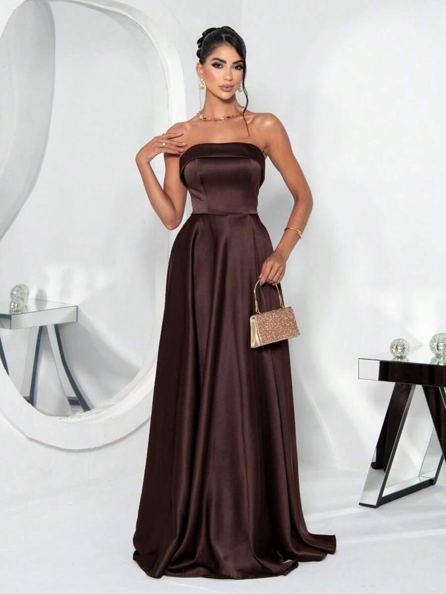 Elegant Strapless Long Party Dress With Built-In Bra Cups And A Full Skirt. - Rust Brown - View 1