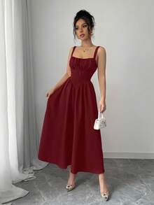 Vestido largo rojo liso de verano 2025 para el Día de San Valentín o vacaciones, con volantes en el frente, lazo, escote asimétrico y cintura estilizada para mujer - Burdeos - Ver 1