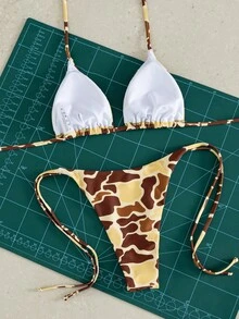 Women Brown Cow Print Bikini Set Triangle Halter Sliding Cup Adjustable Tie Top Side Tie Bottom Low Rise High Cut Minimal Coverage Sexy Summer Yellow - Yellow - View 3