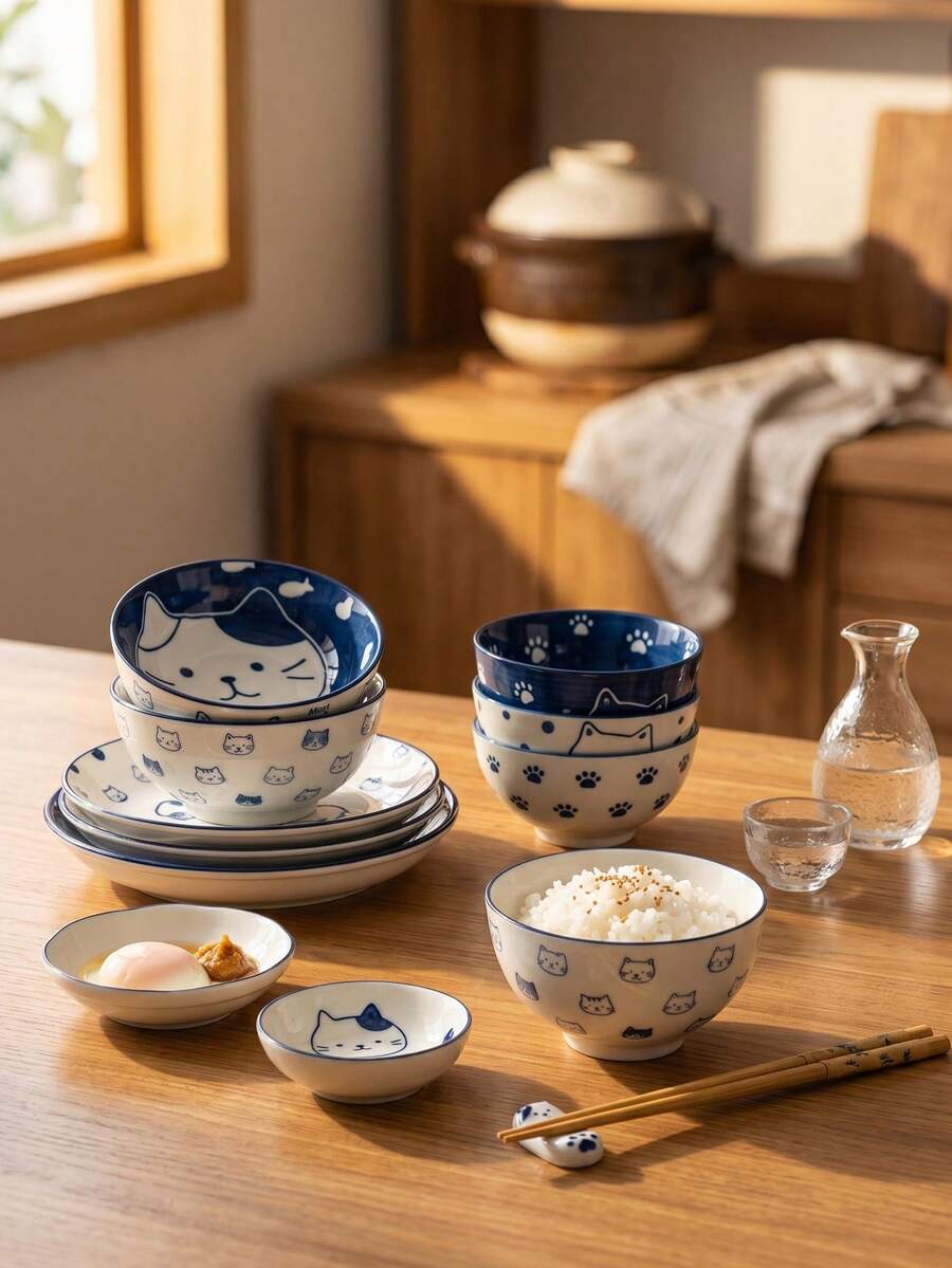 DearDali 1套原創日式陶瓷餐具組，INS風釉下彩卡通可愛貓咪碗盤組合，易清洗，微波爐適用－家用米飯碗、麵碗、用餐餐具，氛圍感餐桌裝飾，適合居家、餐廳、甜點店、辦公室、送禮