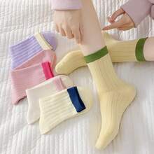 5 Pairs Vertical Striped Candy Color Socks, Spring/Summer Thin Japanese Style Fresh Solid Color Minimalist Colorblock Versatile Mid-Calf Socks - Multicolor - View 2