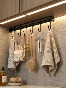 1pc Sliding Pot Rack (With Hooks) - No-Drill Hanging Storage Organizer For Pots, Pans, And Kitchen Utensils; Wall Mounted & Under Cabinet Utensil Holder With 6 Hooks, Bathroom & Home Organization, Utility Hooks - Multicolor - View 5