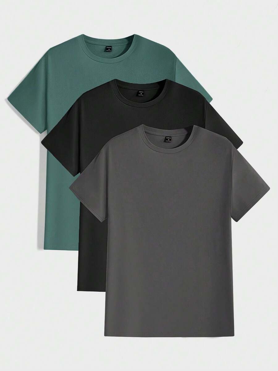 Manfinity VCAY 3-Pack Men's Solid Color Crew Neck Short Sleeve T-Shirts For Summer - Green 2 - View 1