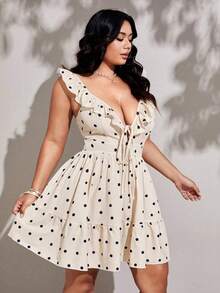 Viva Relle Vestido elegante y romántico para mujeres de talla grande, con cuello en V profundo, estampado de lunares, volantes en el bajo y lazo - Albaricoque - Ver 2