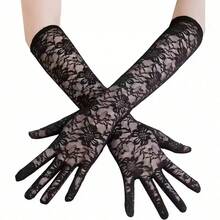 1 Pair Long Lace Gloves, Thin Transparent Material, Floral Pattern, Tulle Fabric, Bridal Gloves, Nightclub Autumn Accessory - Black - View 3
