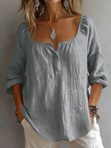 Plus Size Women's Solid Color Button Design Half-Open Front Shirt Comfortable Daily Wear - Grey - View 1