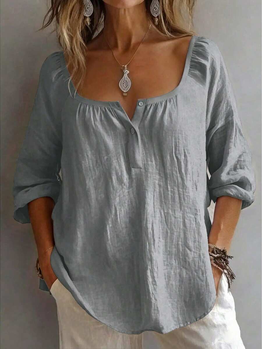 Plus Size Women's Solid Color Button Design Half-Open Front Shirt Comfortable Daily Wear - Grey - View 1