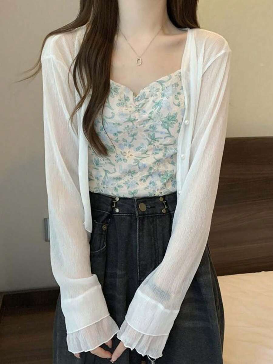 1件法式修身短版女款夏季鏤空蕾絲披肩罩衫,適用於洋裝與細肩帶背心 - 彩色 - 查看 1