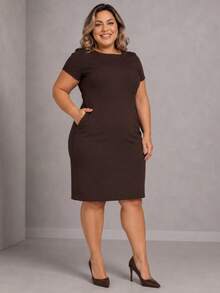 Women's Midi Dress With Pocket, Short Sleeves, Tailored Fabric, Plus Size, Casual, Secretary, Work Uniform - 鏽棕色 - 查看 3