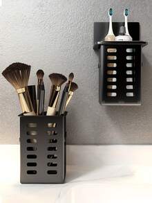 3pcs/2pcs/1pc Wall-Mounted Storage Rack, No-Drill Wall-Mounted, Bathroom Cosmetic Storage Rack, Comb And Makeup Brush Storage Rack, Can Store Toothbrush, Toothpaste, Comb, Razor, Suitable For Kitchen, Dining Room, Bathroom And Other Places Bathroom Accessories - Black - View 4