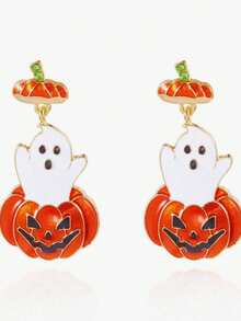 1 Pair Halloween Rainbow Magic Ghost Pumpkin Acrylic Earrings, Quirky Fashion High-End Ear Pendants, European And American Creative Pumpkin Head Ghost Pendant, Asymmetrical Design Stud Earrings For Women - Multicolor - View 8