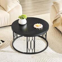 Round Coffee Table With Wood-Effect Top And Metal Frame, Modern Living Room Table With Geometric Iron Structure, Stable Round Side Table, Approx. 70 X 40.5 Cm - 黑色 - 查看 7
