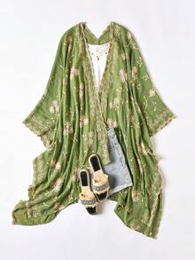 1件優雅花卉圖案波希米亞刺繡開襟披肩女款和服式圍裙 春夏外穿沙龍罩衫 海灘度假防曬刺繡開襟衫 時尚百搭奢華裝飾款 適合日常穿著 送禮首選 - 綠色 - 查看 5