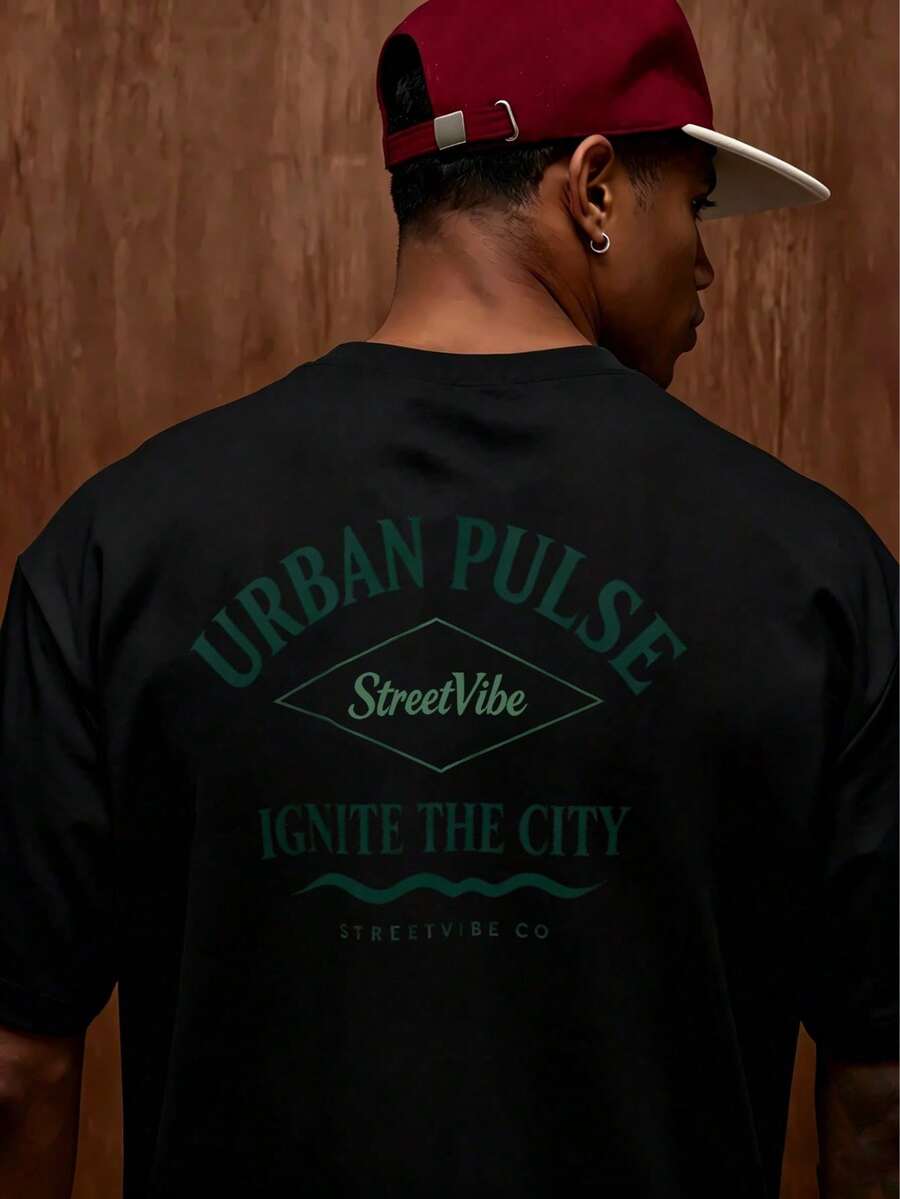 Men's Short-Sleeved T-Shirt In Cream With Green "URBAN PULSE StreetVibe IGNITE THE CITY" Print, Urban Streetwear Style Ideal For Modern And Casual Looks - 黑色 - 查看 1