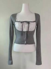 Patchwork Square Neck Bow Versatile Slim Fit Long Sleeve Top Casual - Grey - View 6