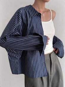 Camisa casual suelta y corta con cuello vuelto y rayas para mujer - Gris - Ver 2