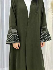 Abaya Kimono Cardigan Elegante de Mujer con Frente Abierto, Mangas Acampanadas Bordadas con Diseño Geométrico, Textura Arrugada, Abrigo Largo Holgado Musulmán - Multicolor - Ver 25