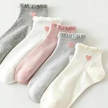 5 Pairs Korean Style Ins Minimalist Coffee Color Heart Pattern Non-Slip Breathable Lace Ankle Socks, Breathable Casual Ankle Socks, Unisex, Soft And Comfortable Daily Wear Short Socks, Random Color - Heart-shaped Socks - View 6