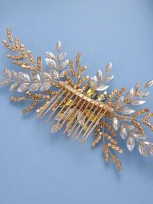 1pc Handmade Gold Rhinestone Leaf Hair Comb, Elegant Bridal Headpiece For Wedding, Prom, Party - Gold - View 6