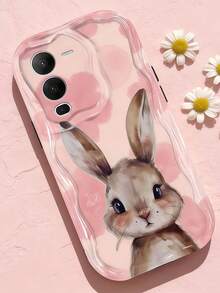 Funda de teléfono con textura suave de TPU con volantes ondulados de dopamina crema, diseño creativo personalizado con patrón de conejo, compatible con Galaxy S21 S22 S23 S24 S25 S26//Honor// y otros modelos - Blanco - Ver 1