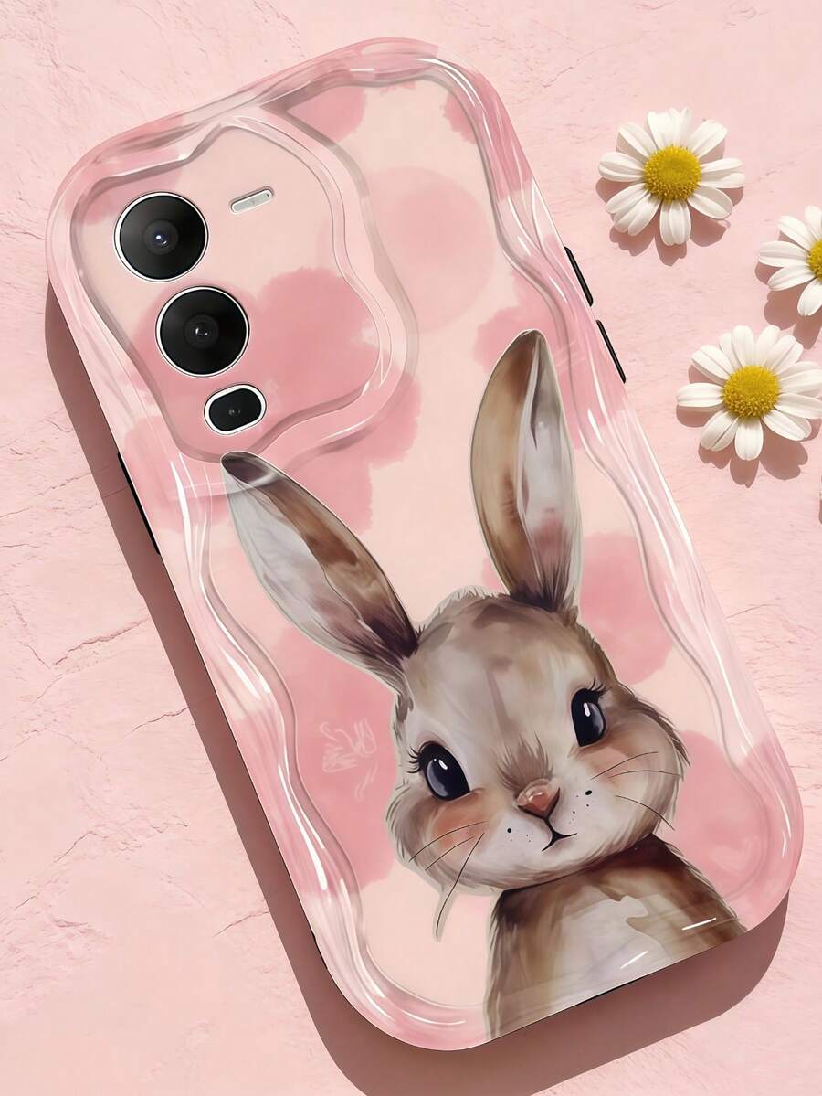 Funda de teléfono con textura suave de TPU con volantes ondulados de dopamina crema, diseño creativo personalizado con patrón de conejo, compatible con Galaxy S21 S22 S23 S24 S25 S26//Honor// y otros modelos - Blanco - Ver 1