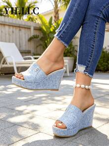 European And American Thick Sole Wedge Sandals, Women's Slip-On Open Toe Summer Casual Light Wash Textured Wedge Sandals - Baby Blue - View 5