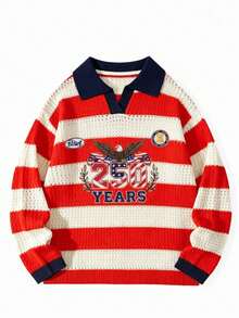 2026 New Men's Spring/Autumn/Winter American Independence Day 250th Anniversary Embroidered Pattern Knitted POLO Pullover Sweater, Casual Loose Vintage Street Style Colorblock Striped Top Suitable For Early Spring/Autumn Daily And Holiday Outdoor Wear - Red and White - View 5