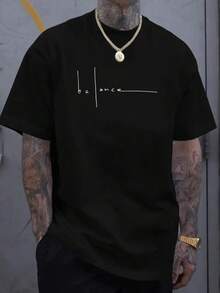 Plus Size Men's 100% Cotton T-Shirt with Balance Line Art & Minimalist Cursive Lettering - Light Grey Casual Short Sleeve Round Neck Tee for Casual At - Schwarz - Übersicht 1