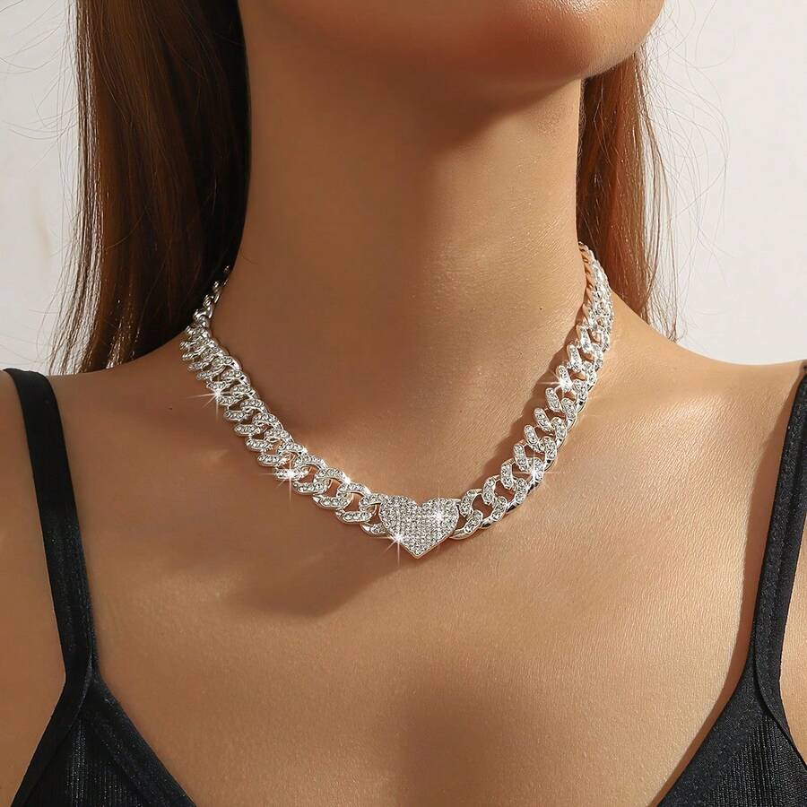 1件時尚精緻鏈條水鑽愛心項鍊 女款飾品 - 項鍊 - 查看 1