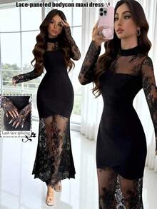 Nuevo vestido elegante y sexy de manga larga con encaje calado, ceñido a la cintura, de corte ajustado tipo sirena, de alta gama y elástico, - Champán - Ver 2