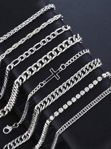 8-Piece Casual And Minimalist Cross Chain Men's Bracelet Set, Suitable For Men's Daily Wear, Birthday And Christmas Gifts - Silver - View 3