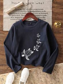 Kaos Lengan Panjang Leher Bulat Motif Kasual Lucu untuk Remaja Perempuan, Atasan Musim Gugur/Dingin - Navy Blue - View 3