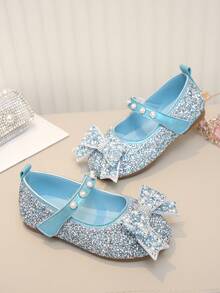 Girls' Pearl & Rhinestone Princess Shoes With Bow Decor, Soft Sole, Casual Versatile For Spring, Summer, Autumn - Blue - View 4