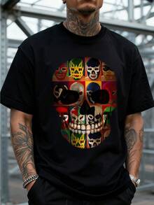 Estilo Alternativo Camiseta de Manga Corta Hombre con Estampado de Cráneo Formado por Múltiples Máscaras de Lucha Libre Coloridas, Diseño Creativo y Vibrante Corte Amplio Ideal Amantes del A - Negro - Ver 1