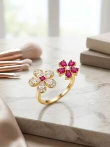 1pc Sweet Luxury Sparkling Cubic Zirconia Red & White Dual Flower Open Ring, Adjustable Finger Ring For Women, Suitable For Daily Wear, Commute, Party, Date, Vacation, Holiday Gift Jewelry - Gold - View 2
