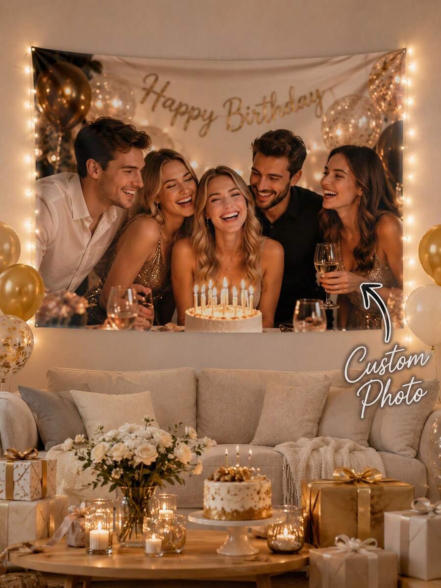 قطعة واحدة من نسيج جداري مخصص بالصور، لافتة عيد ميلاد مخصصة، يمكن إضافة صورة/نص/شعار، ديكور غرفة من قماش مطبوع بألوان زاهية، مناسب لغرفة النوم وغرفة المعيشة وخلفية الحفلات واحتفالات الذكرى السنوية، هدية للأصدقاء والعائلة - متعدد الألوان - مشاهدة 1