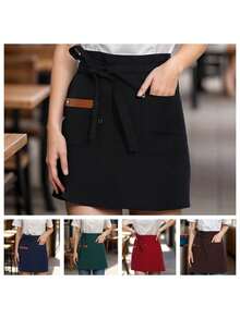 1pc Server Canvas Half Apron, Waterproof & Oil-Resistant, Restaurant Work Uniform, Kitchen Cooking Apron - Multicolor - View 5