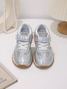 1 Pair Spring/Autumn New Patchwork Casual Kids Sports Shoes, Fashionable Versatile Classic Round Toe Hook & Loop Outdoor Shoes - Silver - View 7