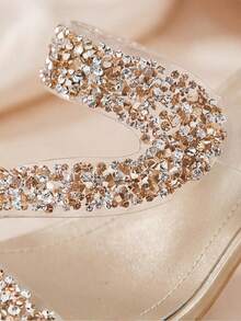 High Heel Mule Sandals [S-Wave Rhinestone Banquet Shoes] Clear PVC Straps Crystal Block Heel Summer Dressy Casual - Champagne - View 5