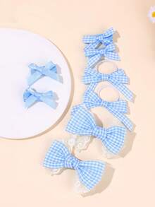 8pcs Blue Plaid Women's Bow Hair Clips, Solid Color Bow Hair Clips, Plaid Headbands, Cute Picnic Daily Matching Hair Accessories For Women - Blue - View 3