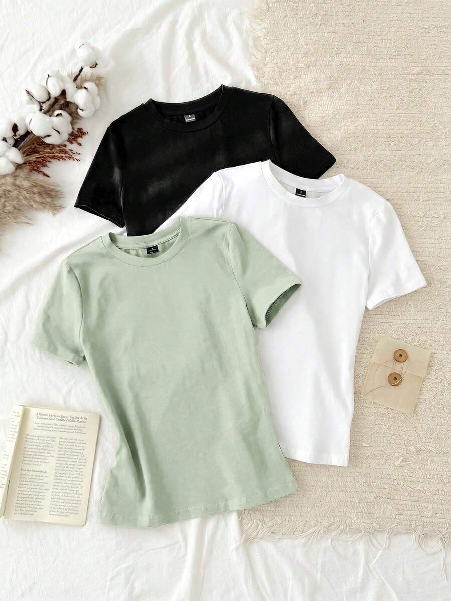 Set Of 3 Slim-Fit Long-Sleeved T-Shirts With Round Neck, 95% Cotton, Minimalist And Casual Style For Women - 多色 17 - 查看 1