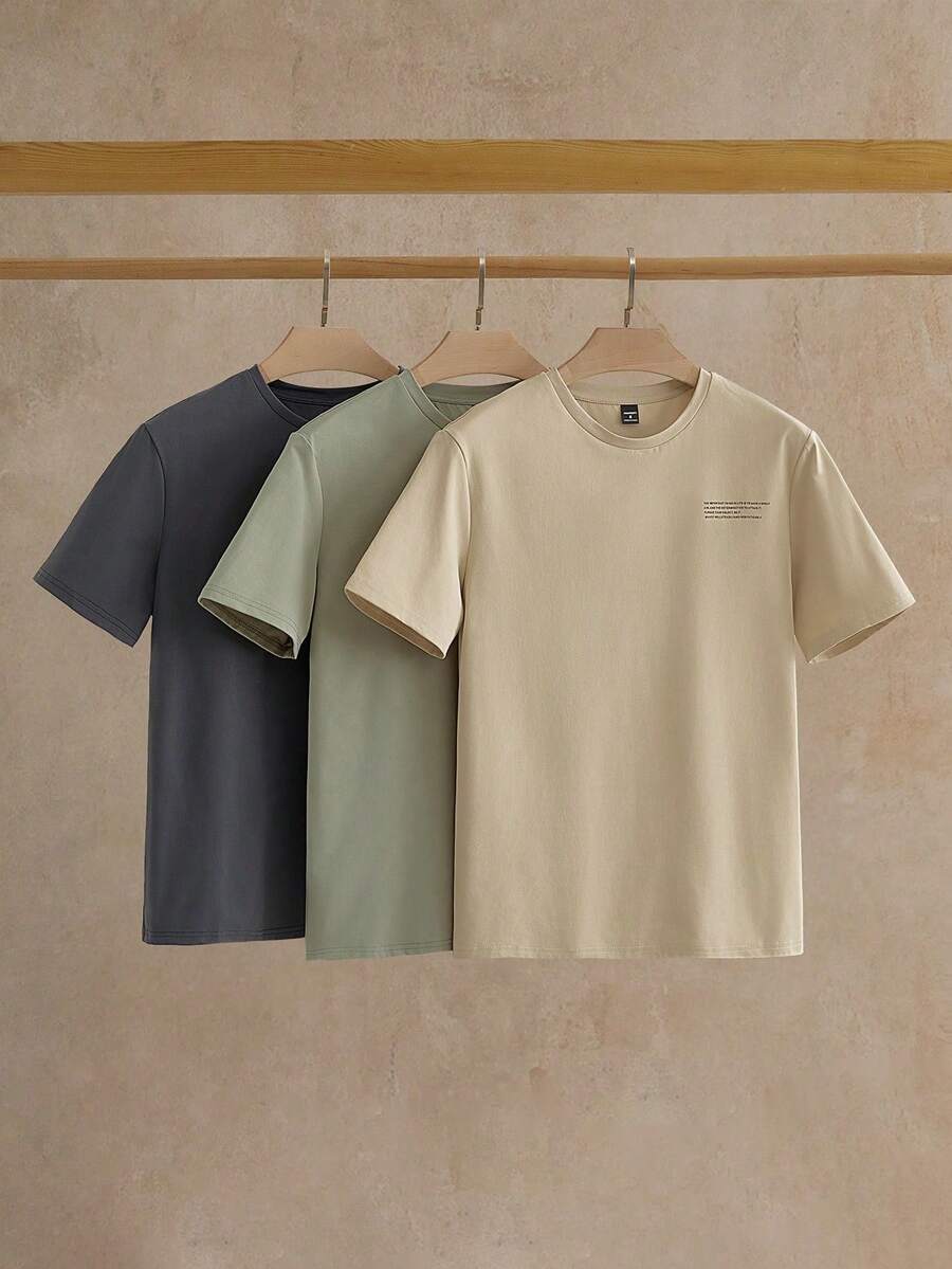 Manfinity VCAY Set Of 3 Short Sleeve T-Shirts With Round Neck And Basic Casual Front Print, Summer T-Shirt - 灰色的 - 查看 1