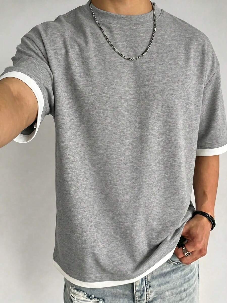 Versatile And Fashionable Men's Summer T-Shirt, 2-In-1 Design With Contrasting Colors, Regular Crew Neck, Breathable Knit Fabric, Suitable For Everyday Wear - Burgundy - View 1
