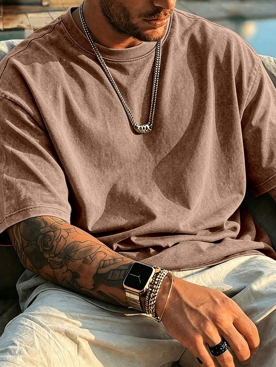 American Vintage Heavyweight Washed Men's T-Shirt, Loose Oversize Style, Soft And Breathable Pure Cotton Short-Sleeved, Daily Casual And Versatile Top - 摩卡棕 - 查看 1