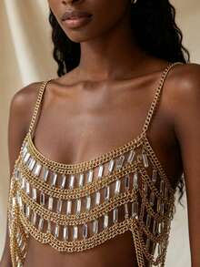 ZHENGHEN 1pc Women's Silver Acrylic Beaded Body Chain - Eye-Catching Shiny Piece, Suitable For Nightclub And Fashionable Outfits - Silver - View 12