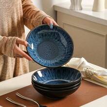 Set Of 4 Wide And Deep Stoneware Pasta Bowls With Reactive Glaze In Blue - 4 Piece Blue - View 5
