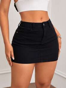 High-Waisted Fitted Mini Skirt With Multiple Cutouts, Frayed Edges, Functional Pockets And An Asymmetrical Hem, Available In Various Colors With Stretch - Black - View 3