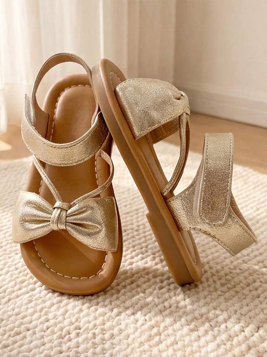 1 Pair Girls Champagne Gold Shiny PU Open Toe Sandals, Cross Strap ...