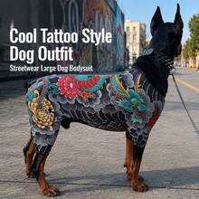 Dog Tattoo Pattern All-In-One Pet Bodysuit, Fully Elastic Anti-Shedding Pet Jumpsuit, Dragon & Chrysanthemum Print Plus Size For Doberman, All-Season Cat & Dog Outfit | Dog Tattoo Set, Elastic Pet Clothes 1pc - Black - View 1